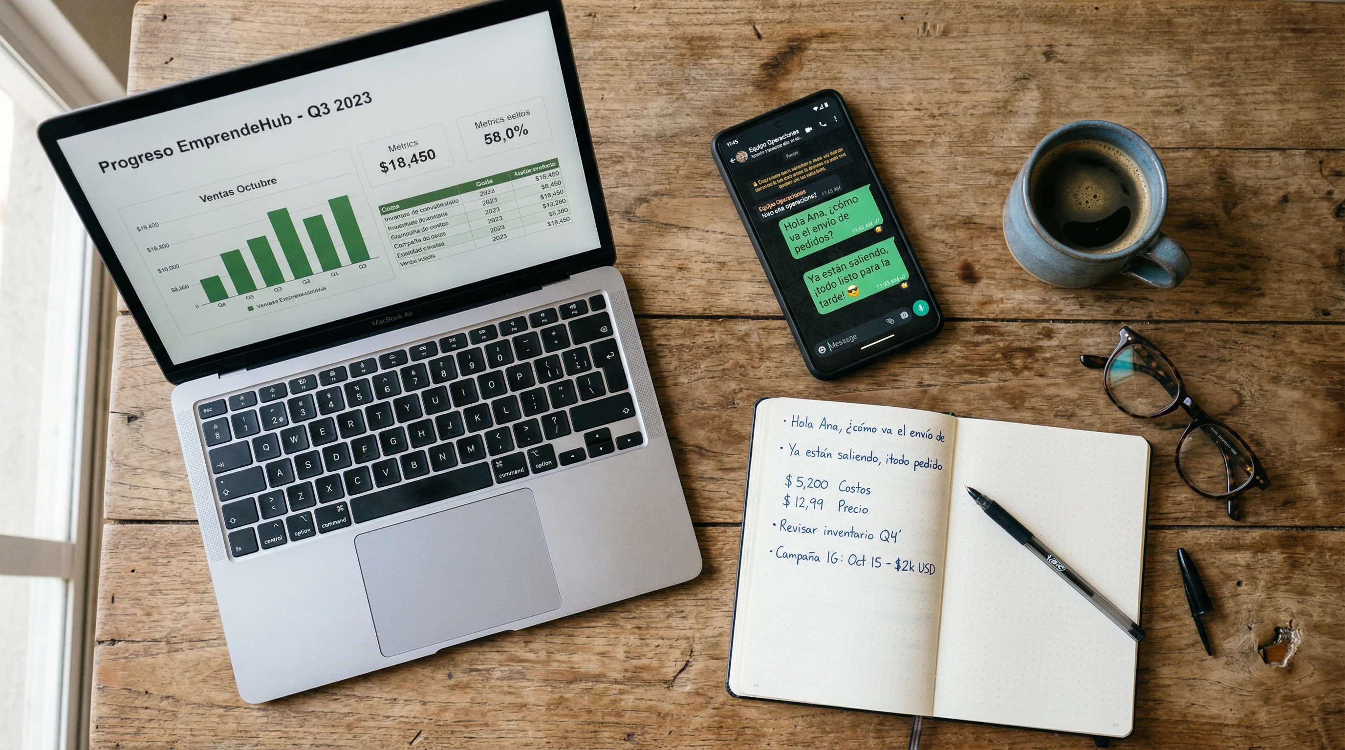 Escritorio con laptop y celular vista cenital