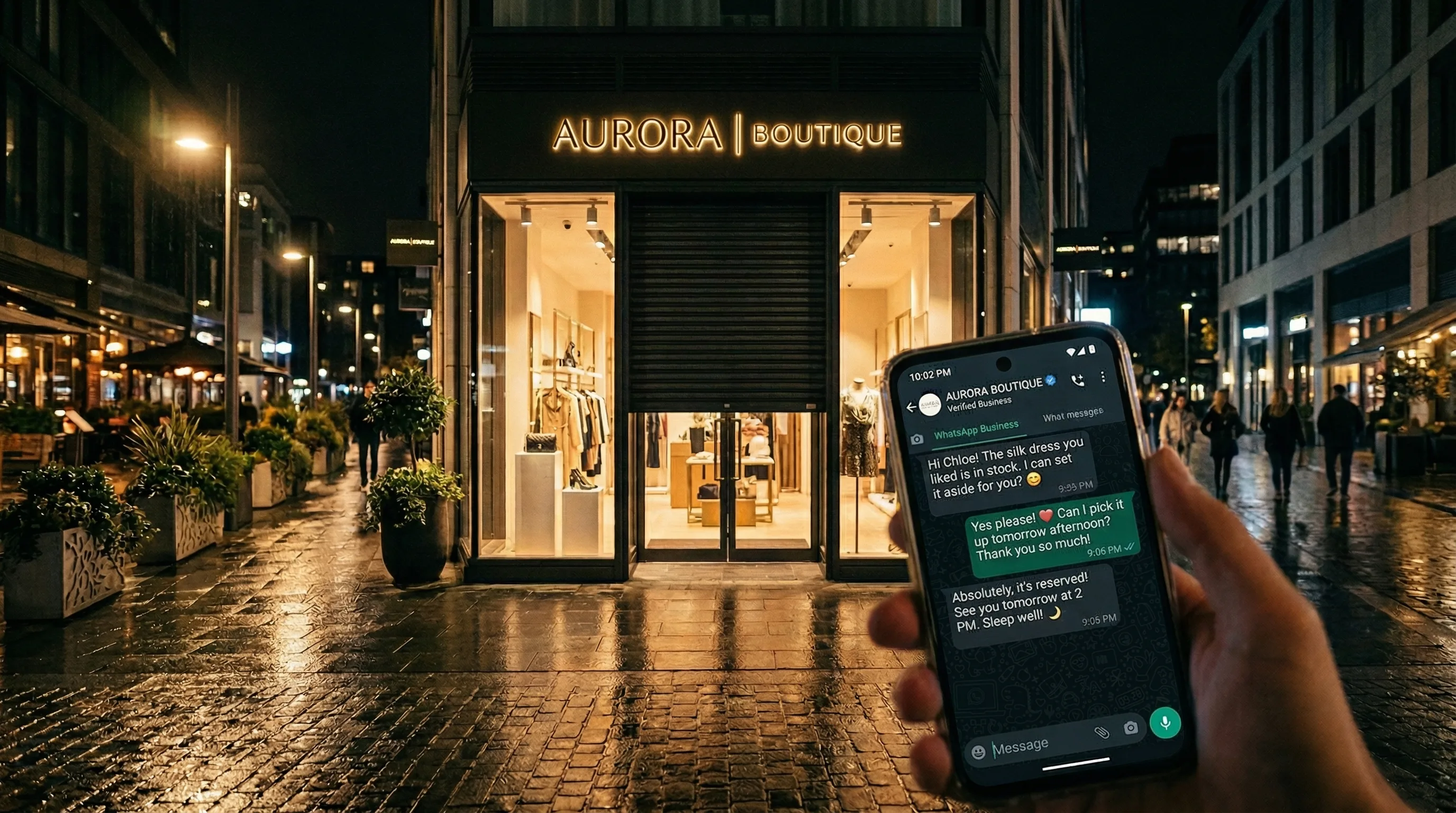 Closed boutique at night with smartphone showing WhatsApp