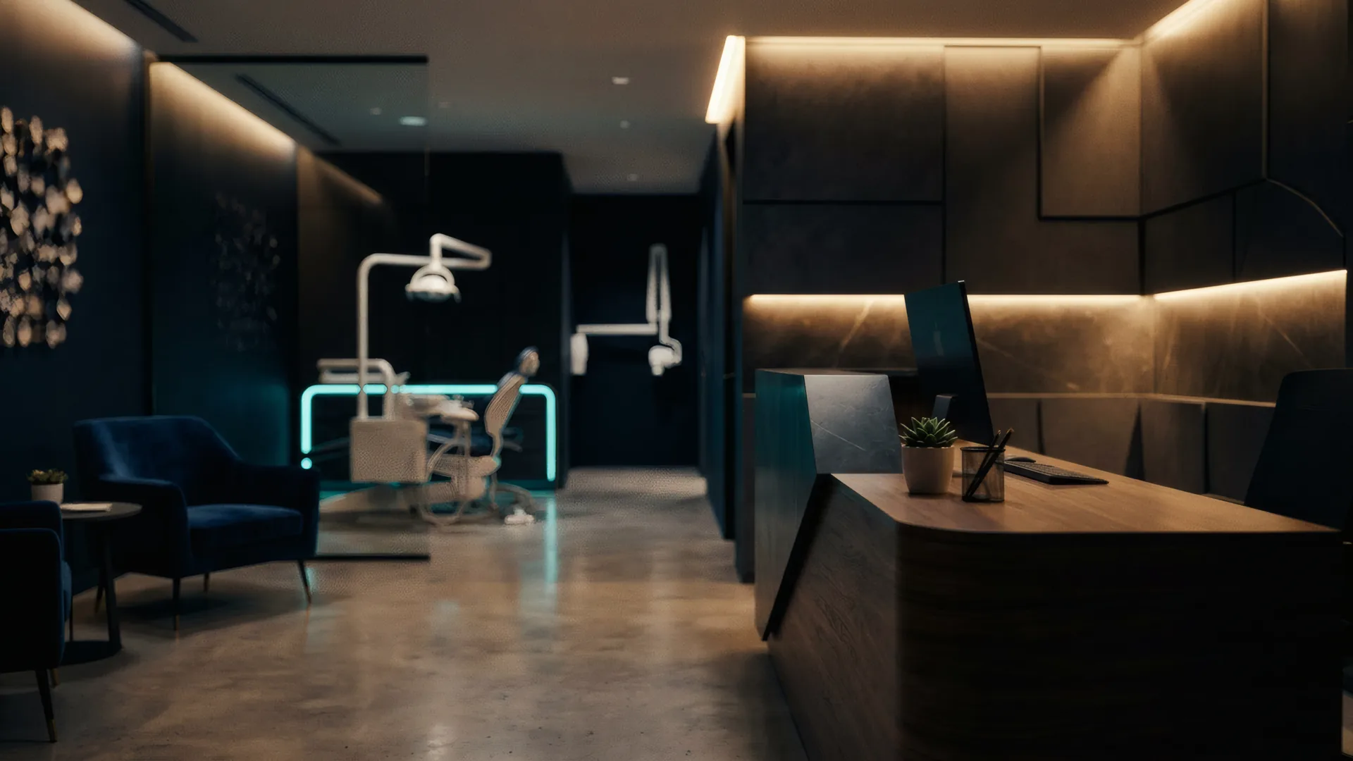 Recepción moderna de clínica dental con iluminación cálida y acentos cyan