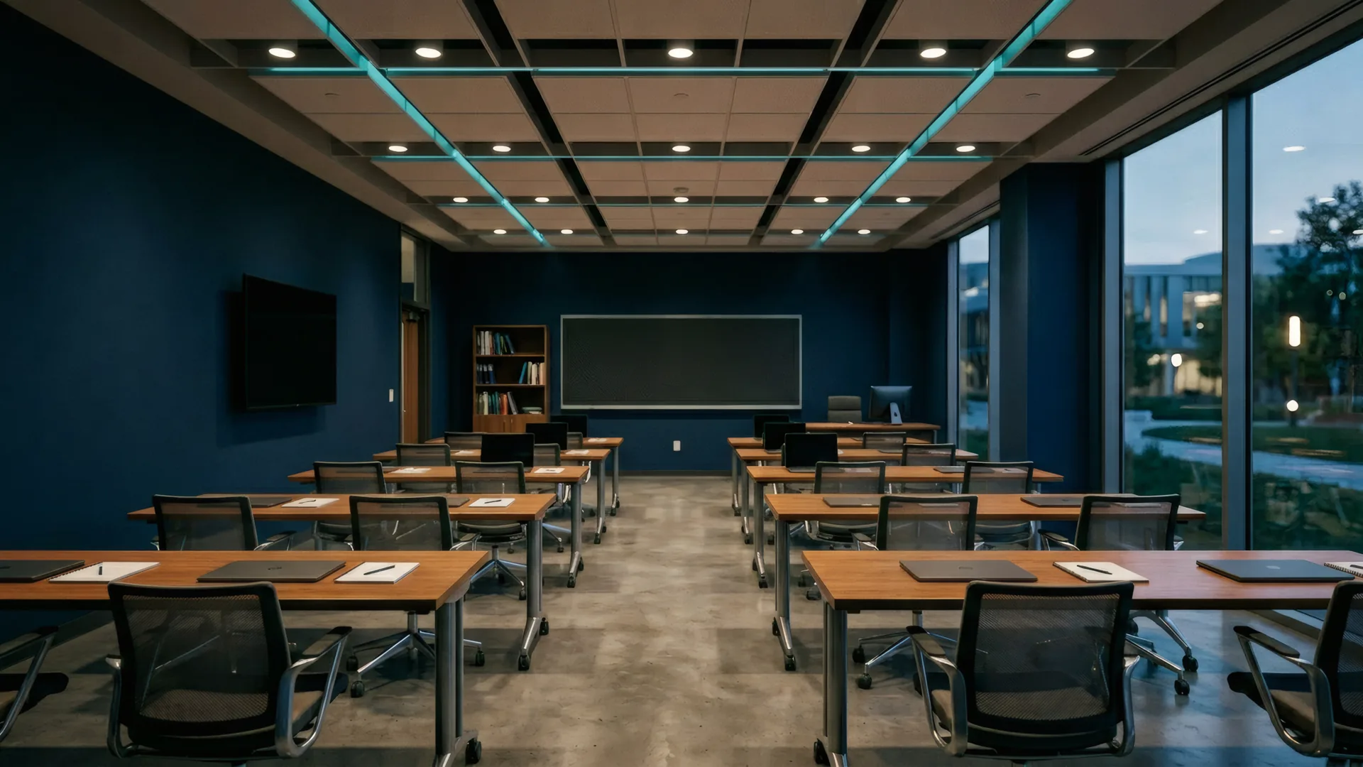 Aula luminosa con tecnología educativa moderna y diseño contemporáneo