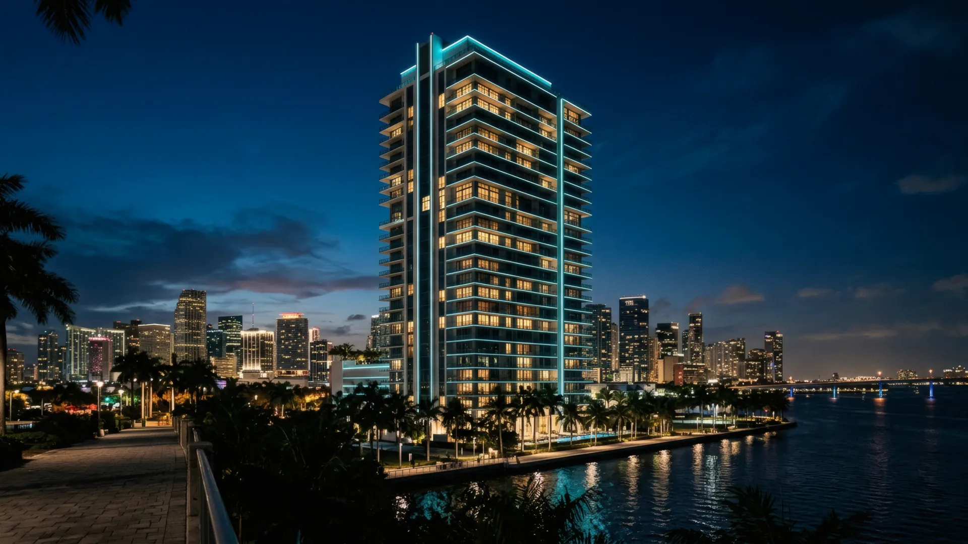 Edificio residencial moderno al atardecer con línea arquitectónica limpia