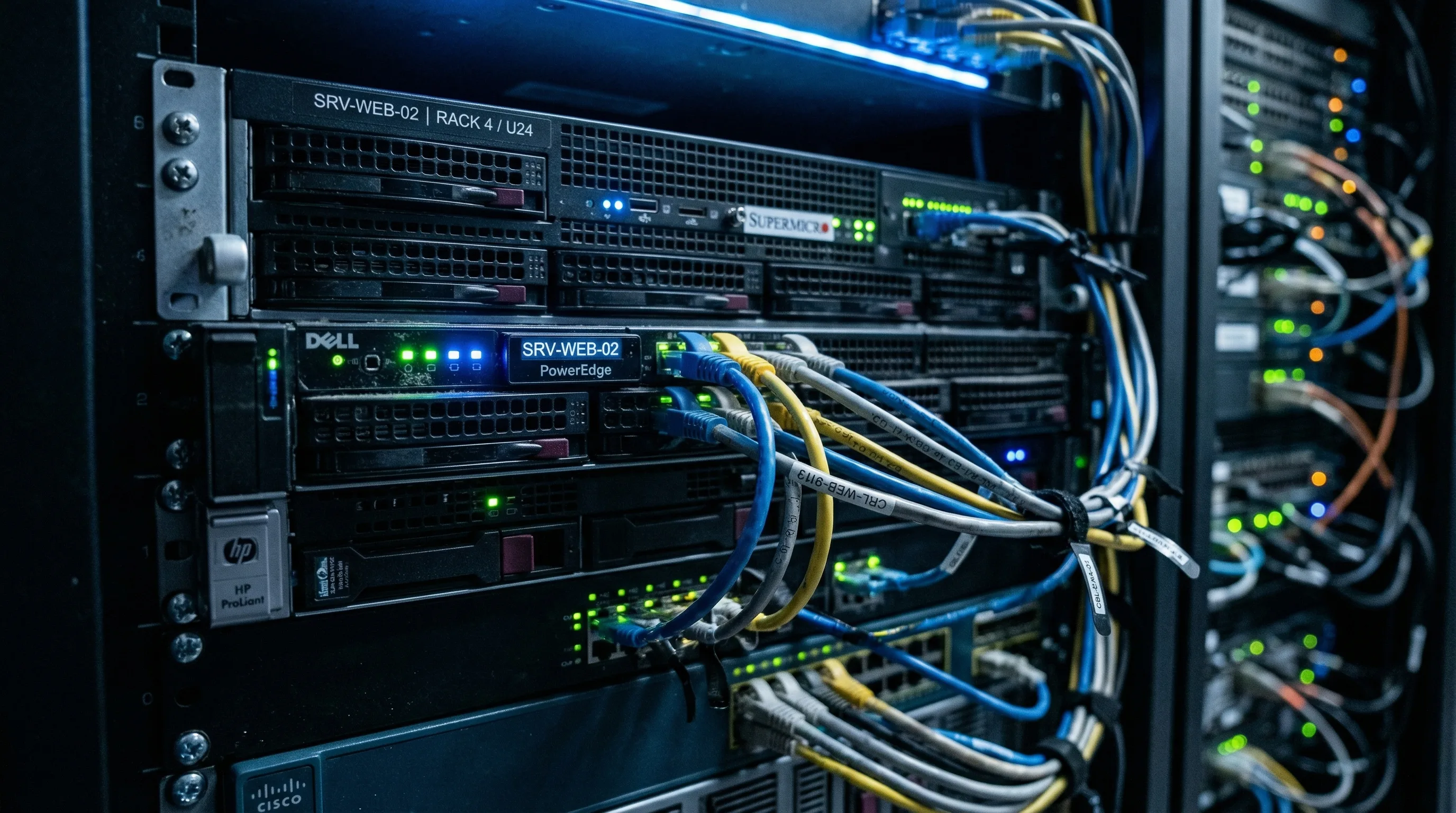 Sala de servidores con racks iluminados